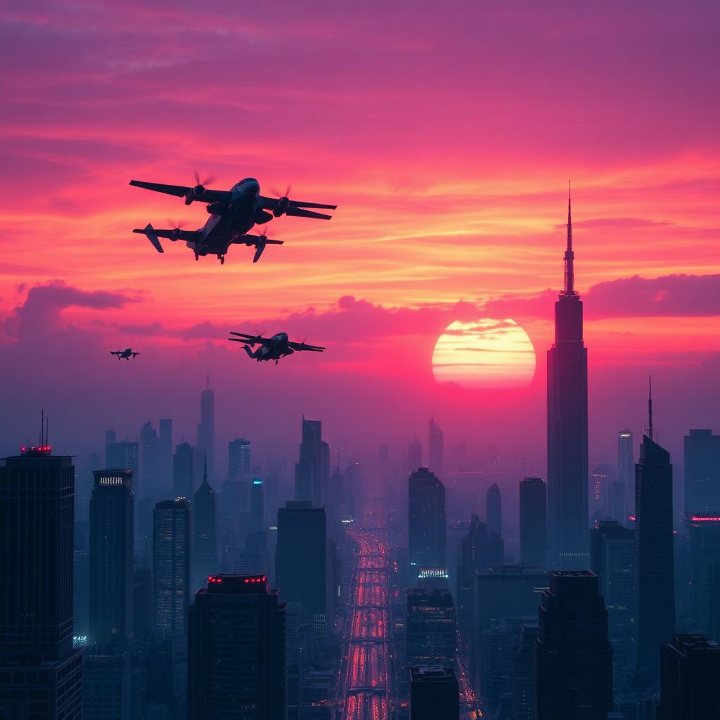 cinematic futuristic skyline at dusk