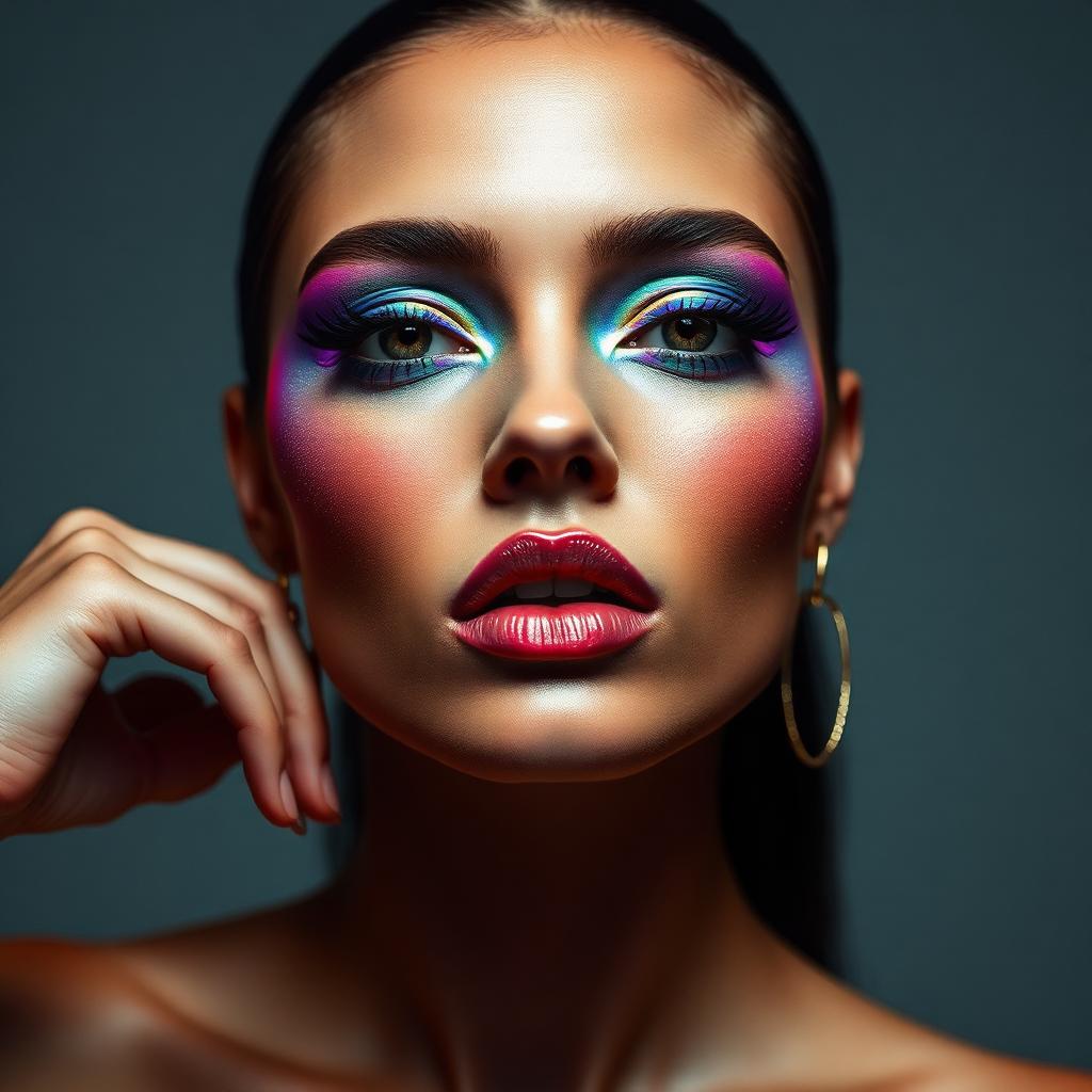 editorial portrait, holographic makeup