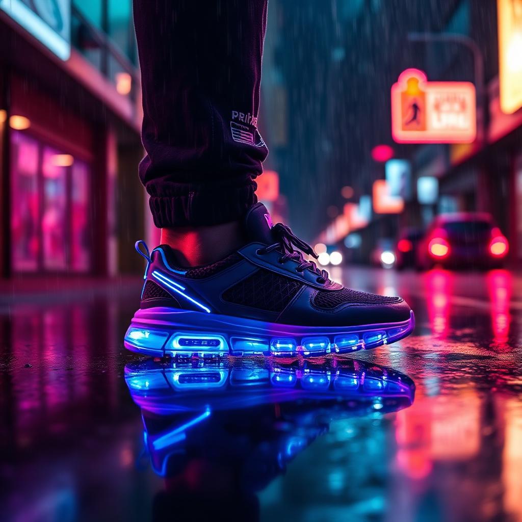 a neon sneaker in cyberpunk rain